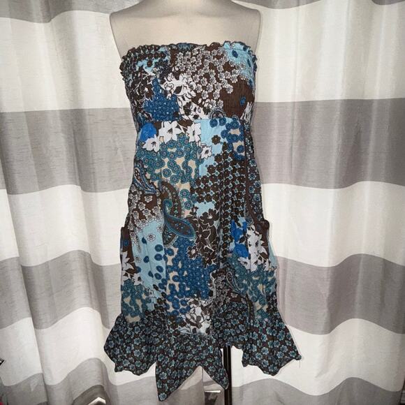 TOPSON DOWNS Dresses & Skirts - Vtg Y2k TOPSON DOWNS Brown Blue Paisley Boho Strapless Tube Dress Cotton L